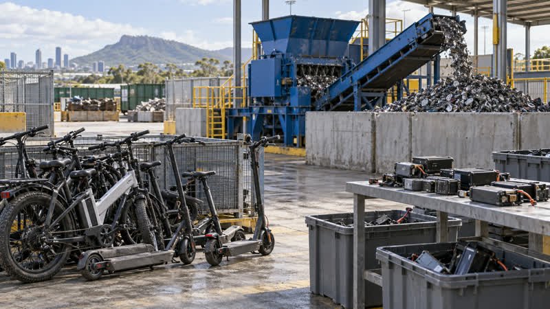 AI-generated editorial illustration of generic confiscated e-bikes and e-scooters at a recycling facility