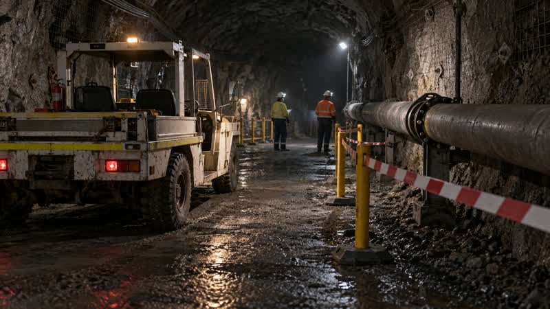 AI-generated editorial illustration of a stopped underground mine vehicle and isolated pipe during a fictional safety inspection