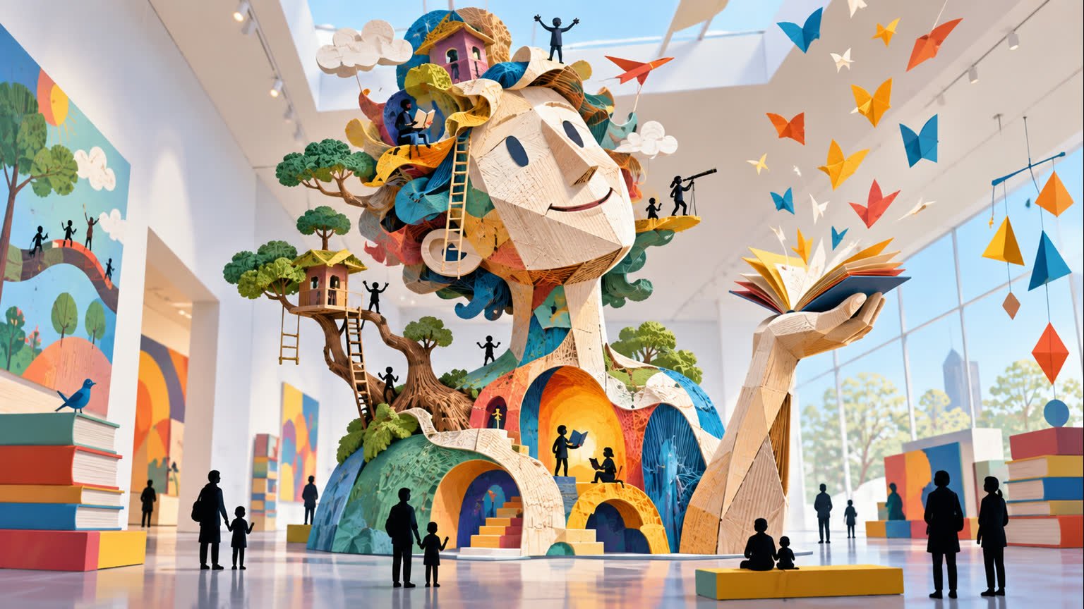 AI-generated conceptual editorial illustration of a whimsical abstract book-inspired sculpture in a bright contemporary gallery
