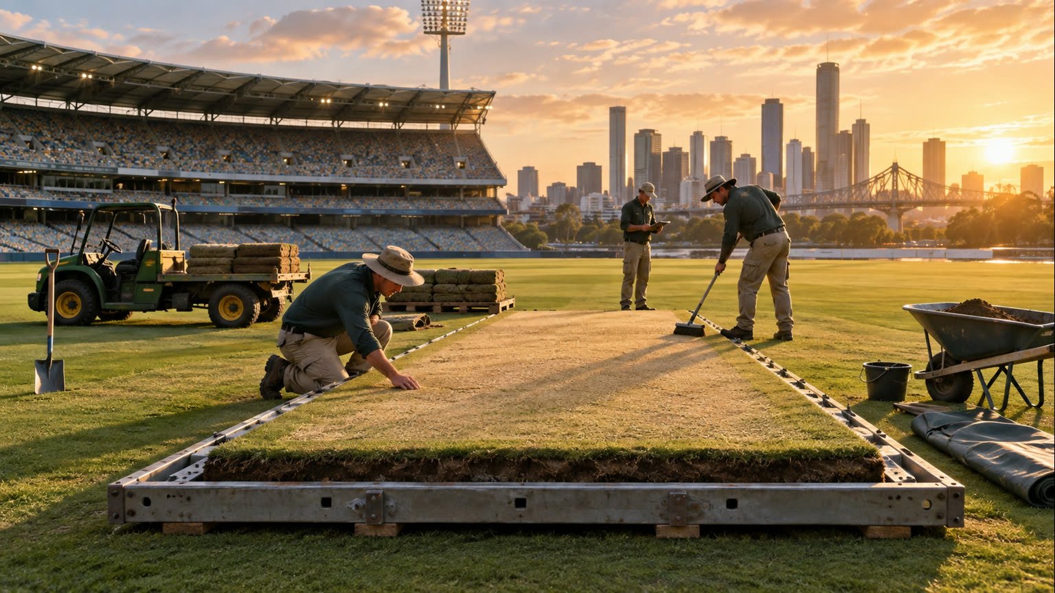 AI-generated editorial illustration of fictional groundskeepers preparing a cricket wicket tray at a generic Brisbane stadium