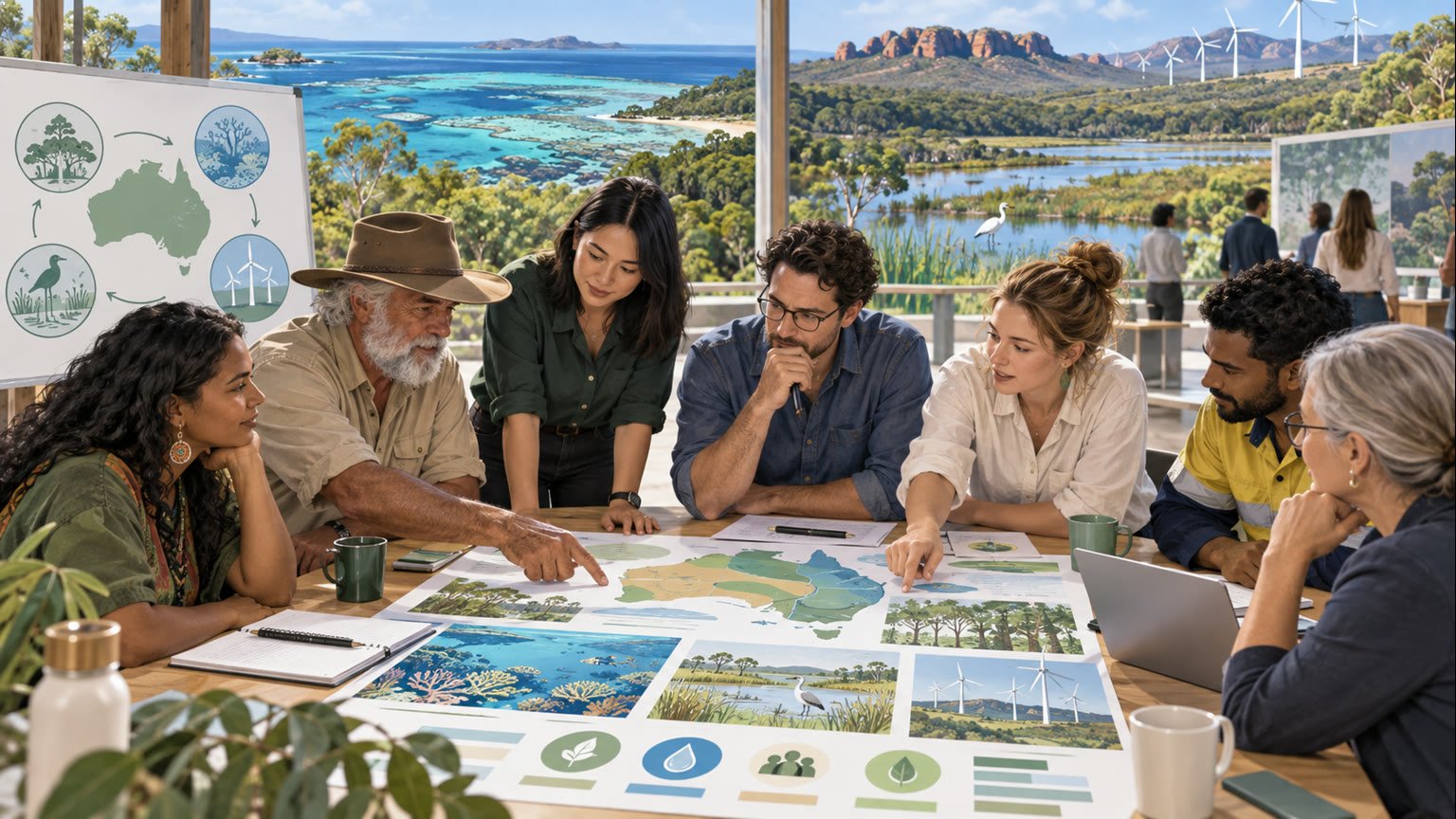 AI-generated editorial illustration of fictional Australians discussing national environment reforms beside reef, forest and wetland landscapes