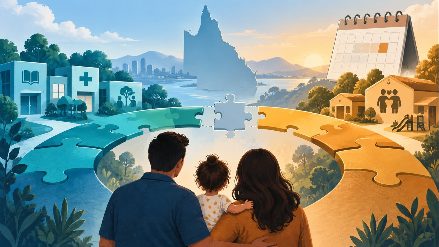 AI-generated inclusive policy illustration of a fictional family facing two connected child-support service pathways in Queensland