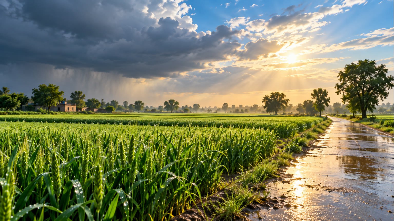 AI-generated editorial illustration of Punjab farmland with retreating rain clouds and a clearing sky