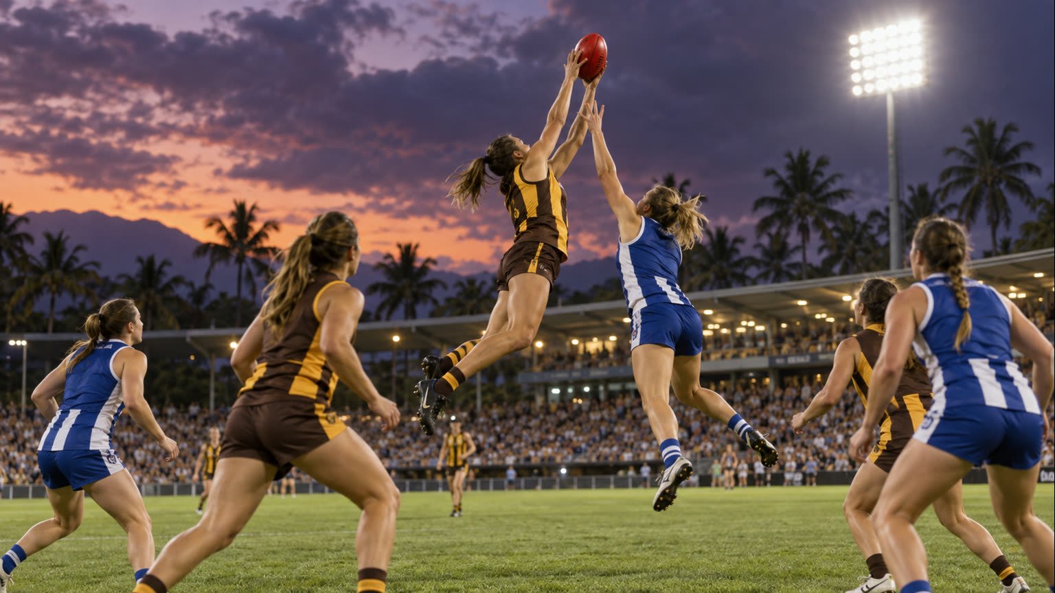 AI-generated editorial illustration of fictional women playing Australian rules football under stadium lights in tropical Cairns