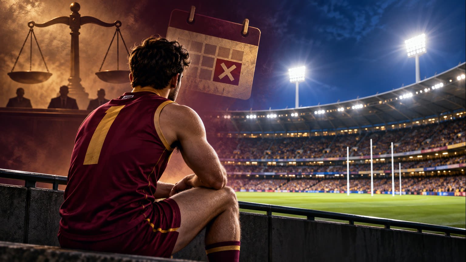 AI-generated editorial illustration of a fictional unbranded Australian rules player watching a stadium beside tribunal and one-game symbols