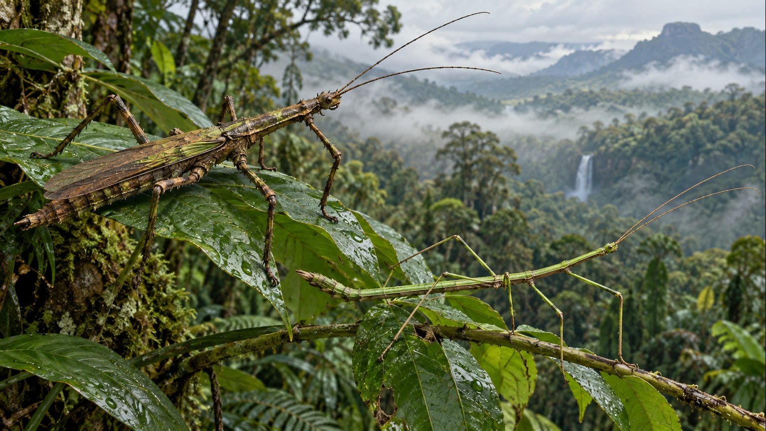 AI-generated editorial illustration of two fictional stick insects on rainforest foliage in a generic Far North Queensland landscape