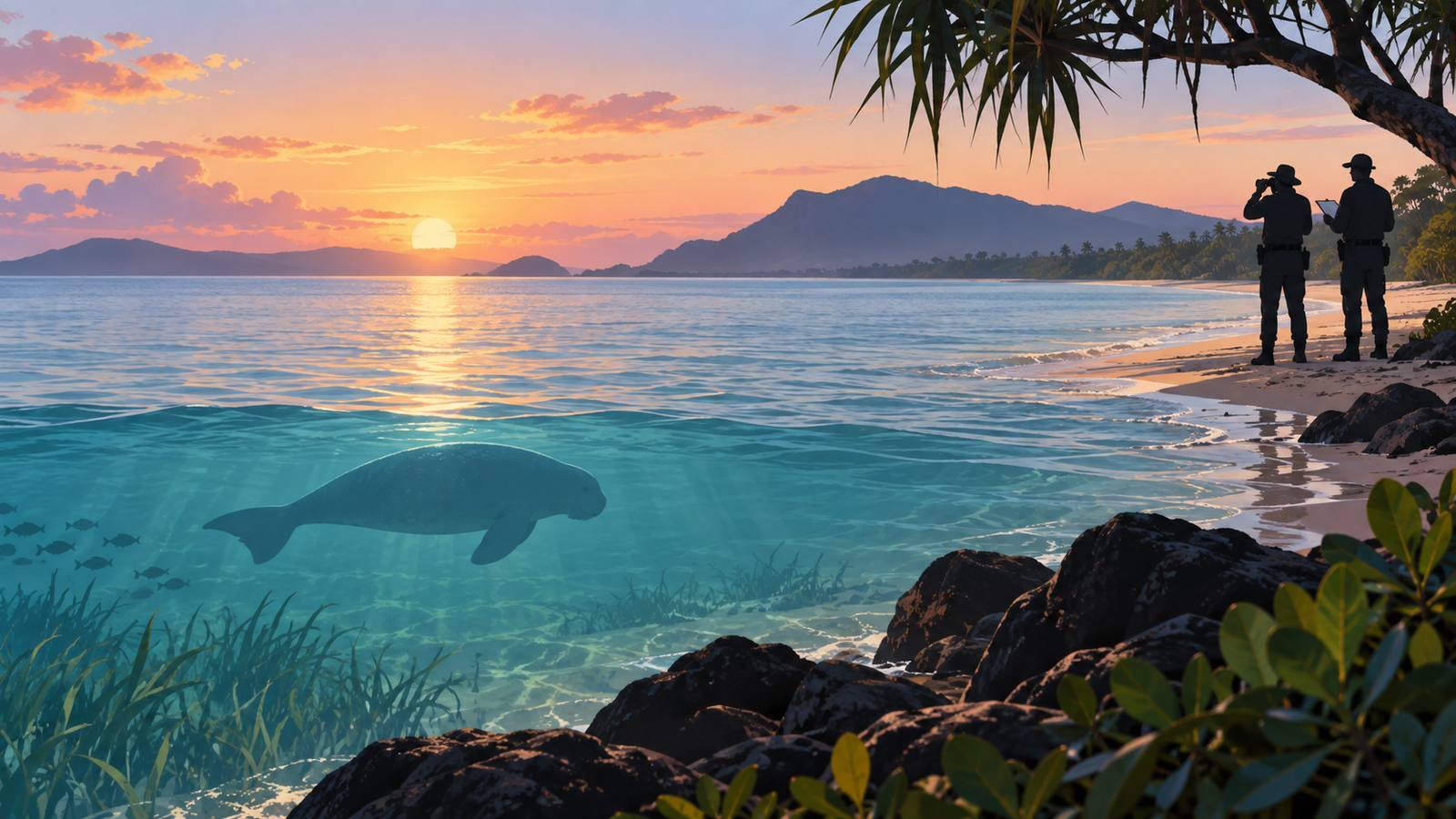 AI-generated editorial illustration of a dugong offshore at a tropical Far North Queensland beach as conservation officers observe the coast