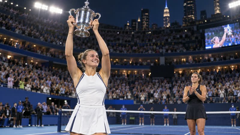 AI-generated editorial illustration of a fictional women tennis champion lifting a trophy in a New York-style stadium.