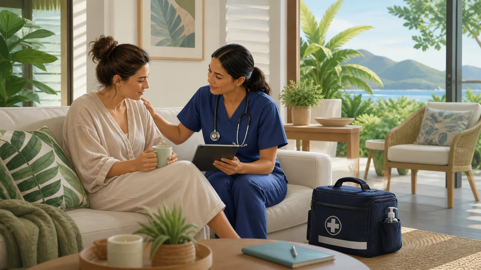 AI-generated illustration of a clinician supporting a woman through home-based perinatal mental health care in tropical Cairns