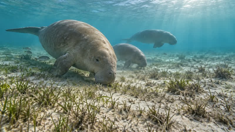 AI-generated editorial illustration of three dugongs swimming over sparse seagrass in the Gulf of Carpentaria