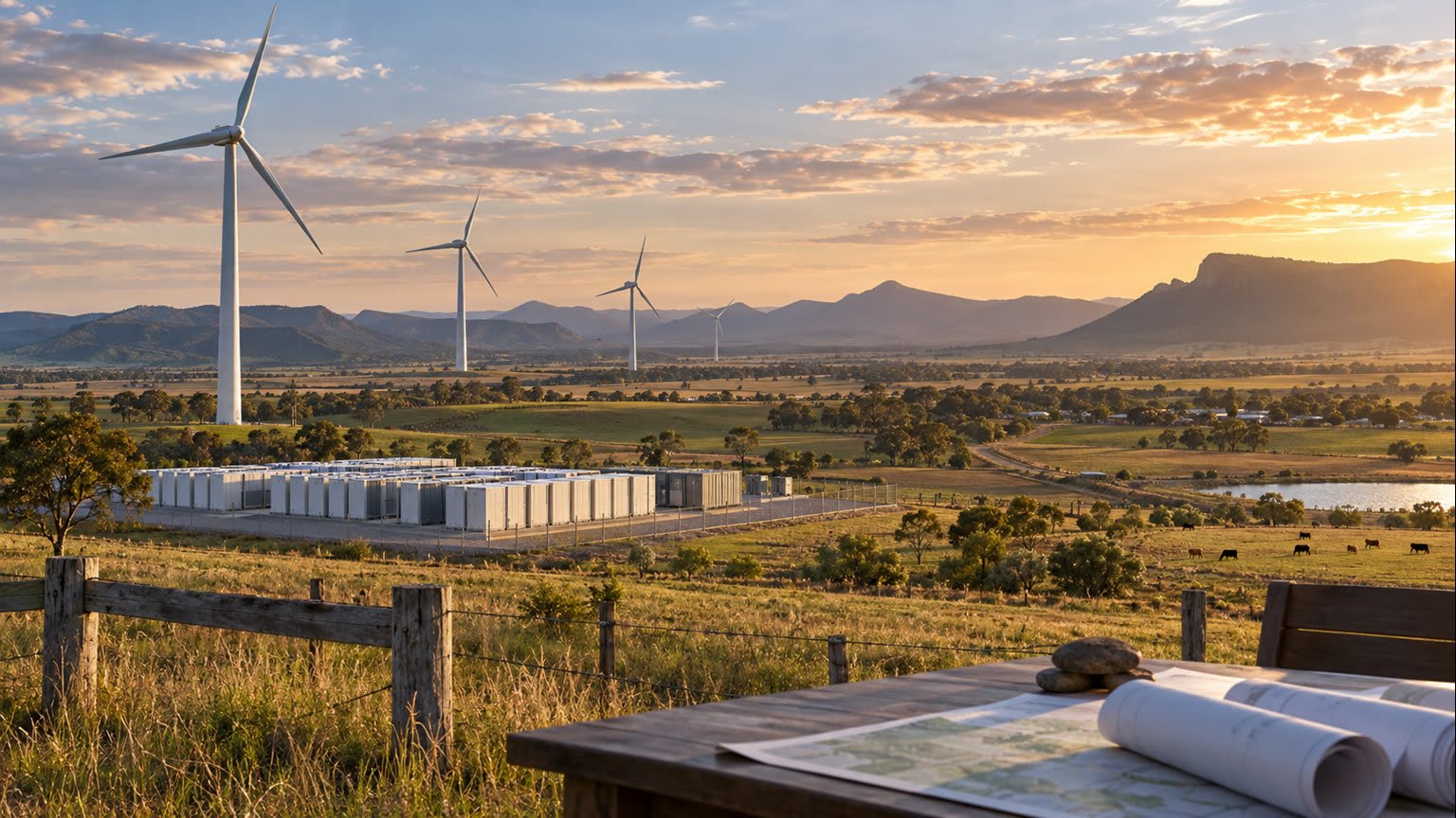 AI-generated editorial illustration of wind turbines and battery storage in a regional Queensland farming landscape