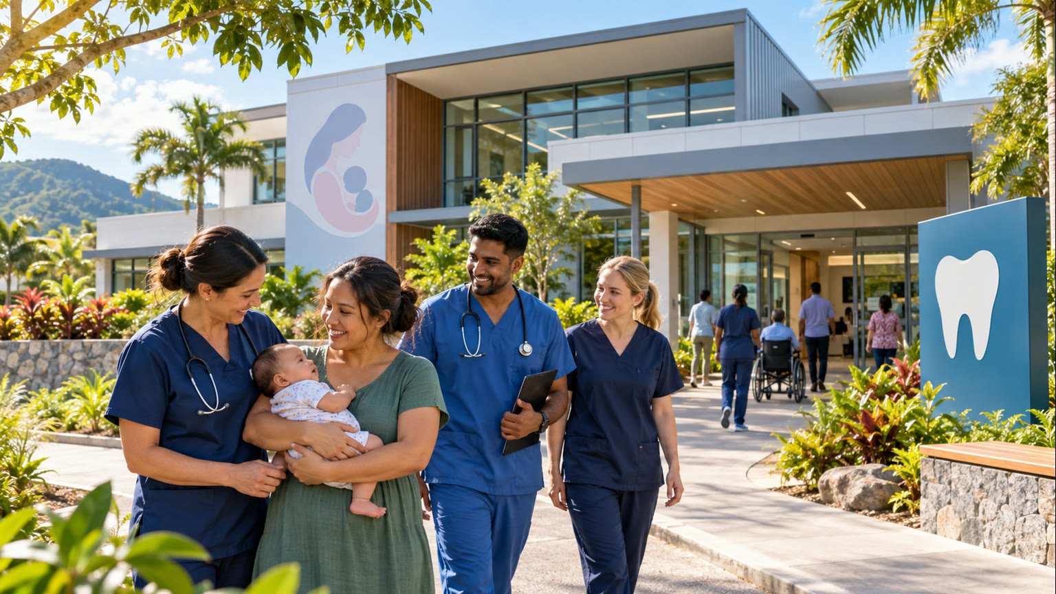 AI-generated editorial illustration of a tropical community health campus with fictional healthcare workers and a parent holding a baby