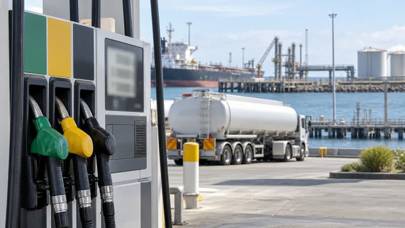 AI-generated editorial illustration of generic fuel pumps, a tanker and port supply infrastructure in Australia