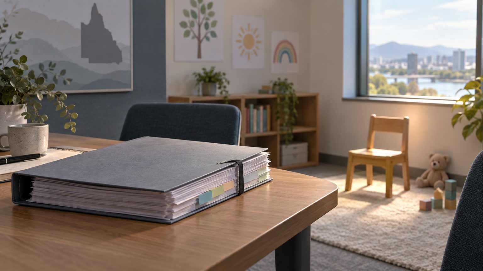 AI-generated conceptual editorial illustration of an anonymous public-service report folder beside an empty child-sized chair and neutral toy