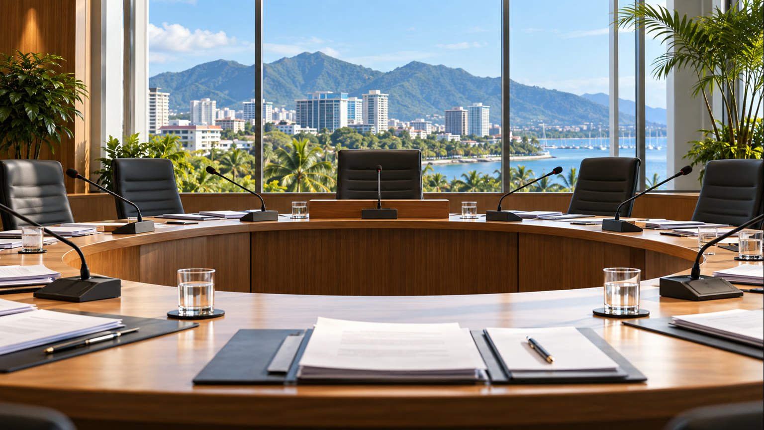 AI-generated editorial illustration of an empty tropical-city council chamber with meeting papers and microphones