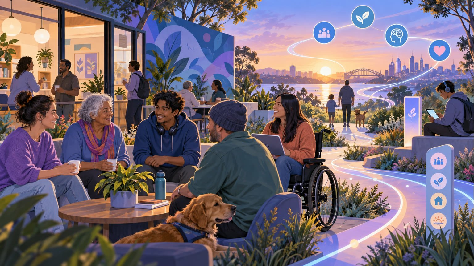 AI-generated editorial illustration of fictional Australians connecting through community support and trusted digital mental-health pathways