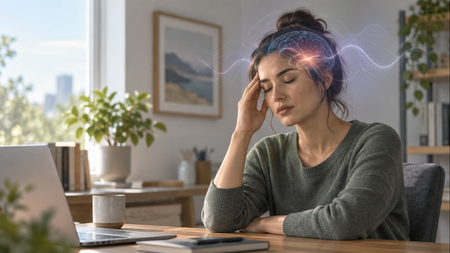 AI-generated educational illustration of a fictional adult experiencing migraine symptoms in a quiet home office