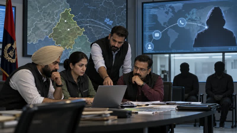 AI-generated editorial illustration of fictional Punjab investigators reviewing a map and digital communications in an operations room.