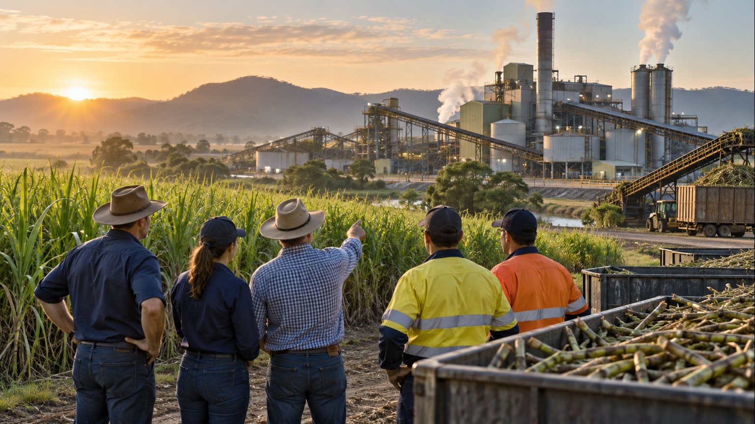 AI-generated editorial illustration of fictional farmers and workers viewing a generic Queensland sugar mill and cane fields