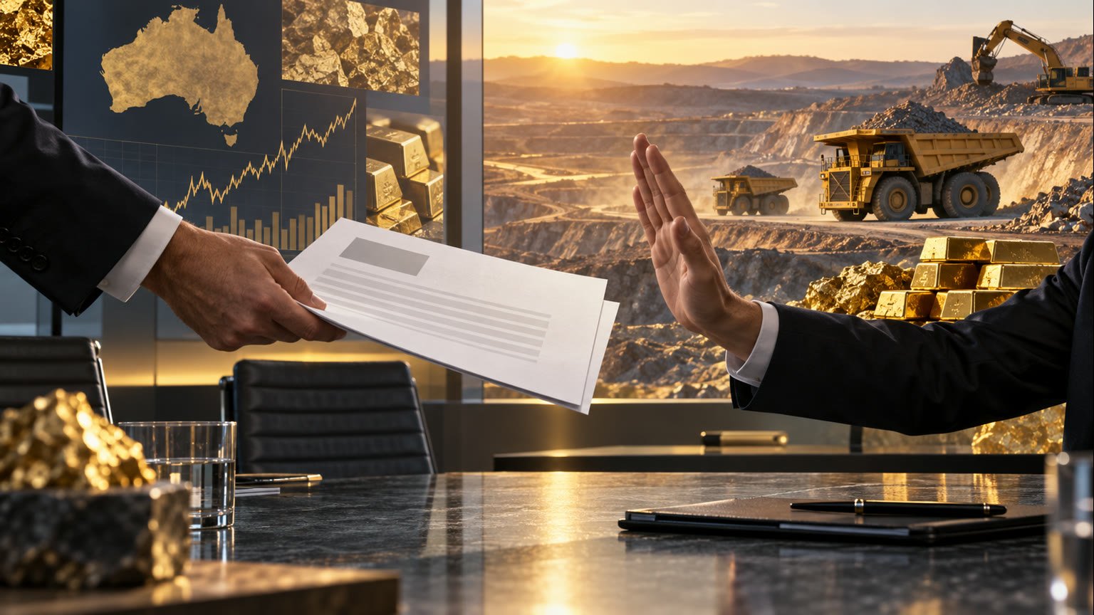 AI-generated conceptual business illustration of a gold-mining company declining an abstract takeover offer in a boardroom