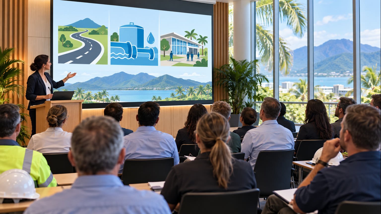 AI-generated editorial illustration of a Cairns infrastructure briefing with fictional local business representatives viewing roads, water and public facility plans