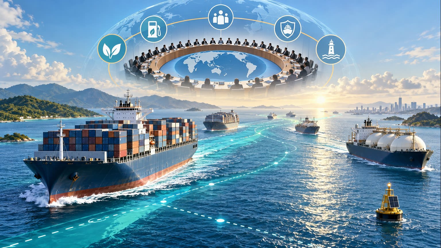 AI-generated editorial illustration of cargo vessels on Indo-Pacific shipping routes beneath a symbolic international maritime council