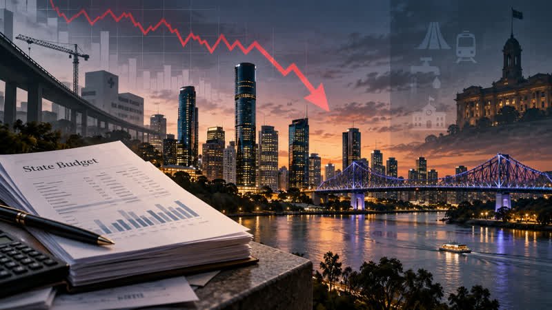 AI-generated editorial illustration of Brisbane, a state budget document and a downward financial chart.
