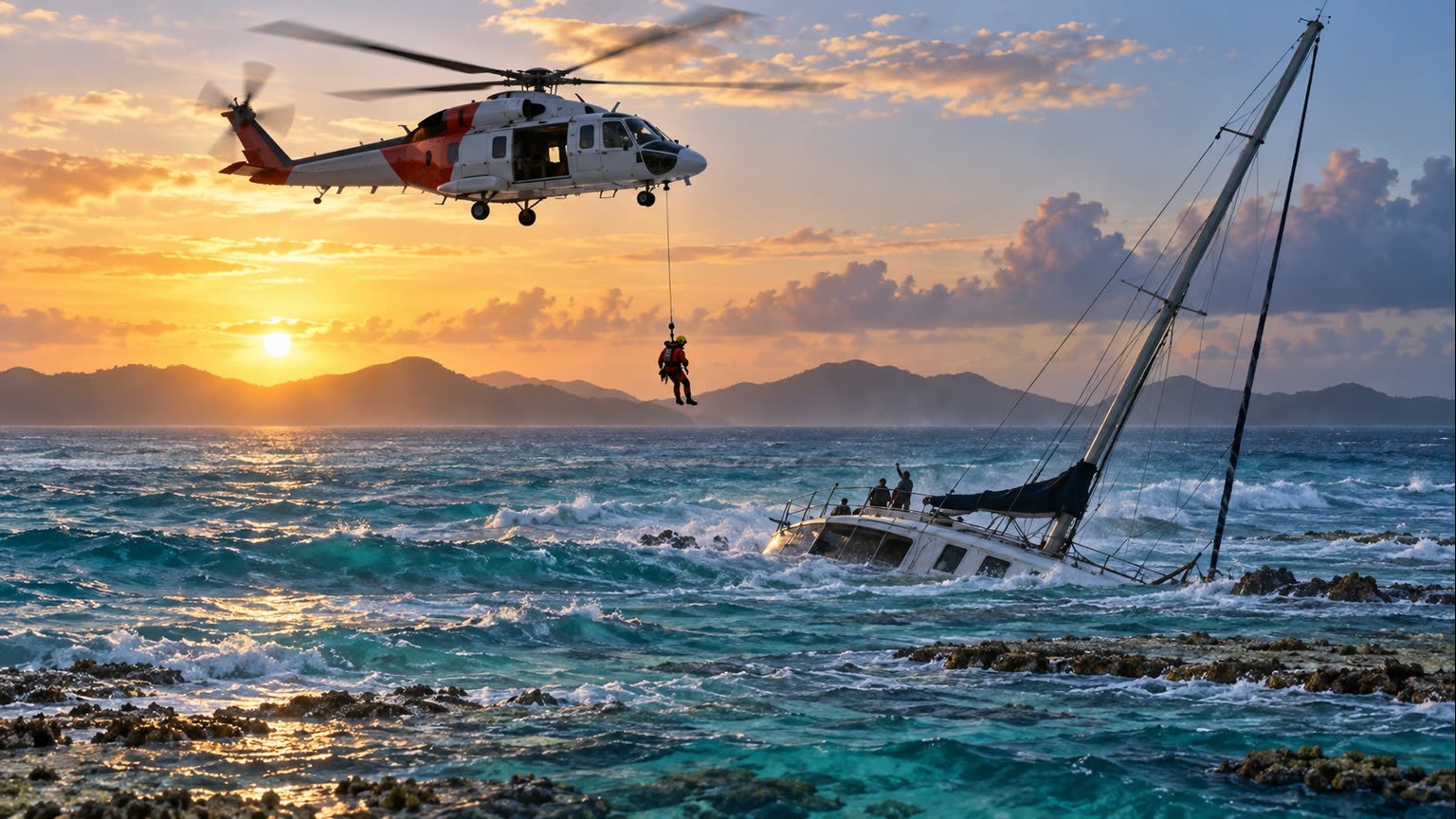AI-generated editorial illustration of a rescue helicopter winching people from a stranded yacht on a tropical reef