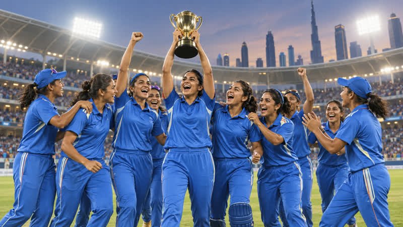 AI-generated symbolic editorial illustration of fictional women cricketers in blue celebrating an Asia Cup victory