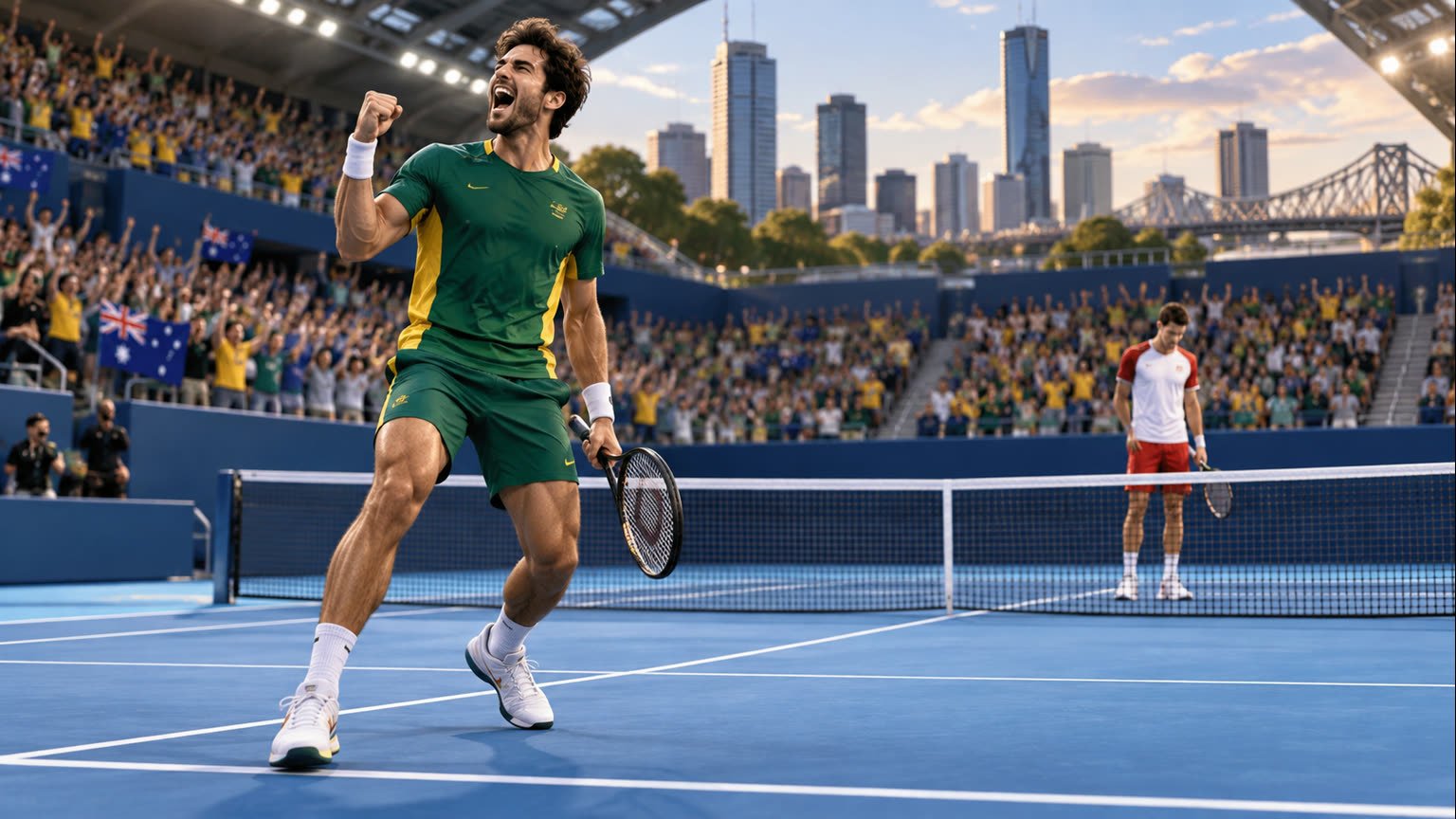 AI-generated editorial illustration of fictional Australian and Polish tennis players competing on a blue court in Brisbane