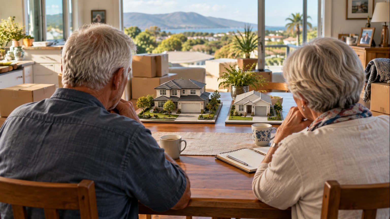 AI-generated symbolic editorial illustration of a fictional older couple comparing a large family home with a smaller house
