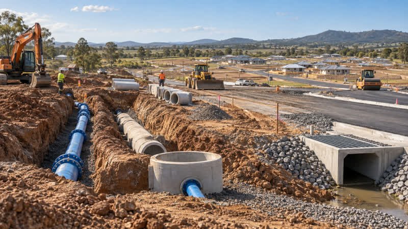 AI-generated editorial illustration of regional Queensland water, sewer and road infrastructure works near planned homes