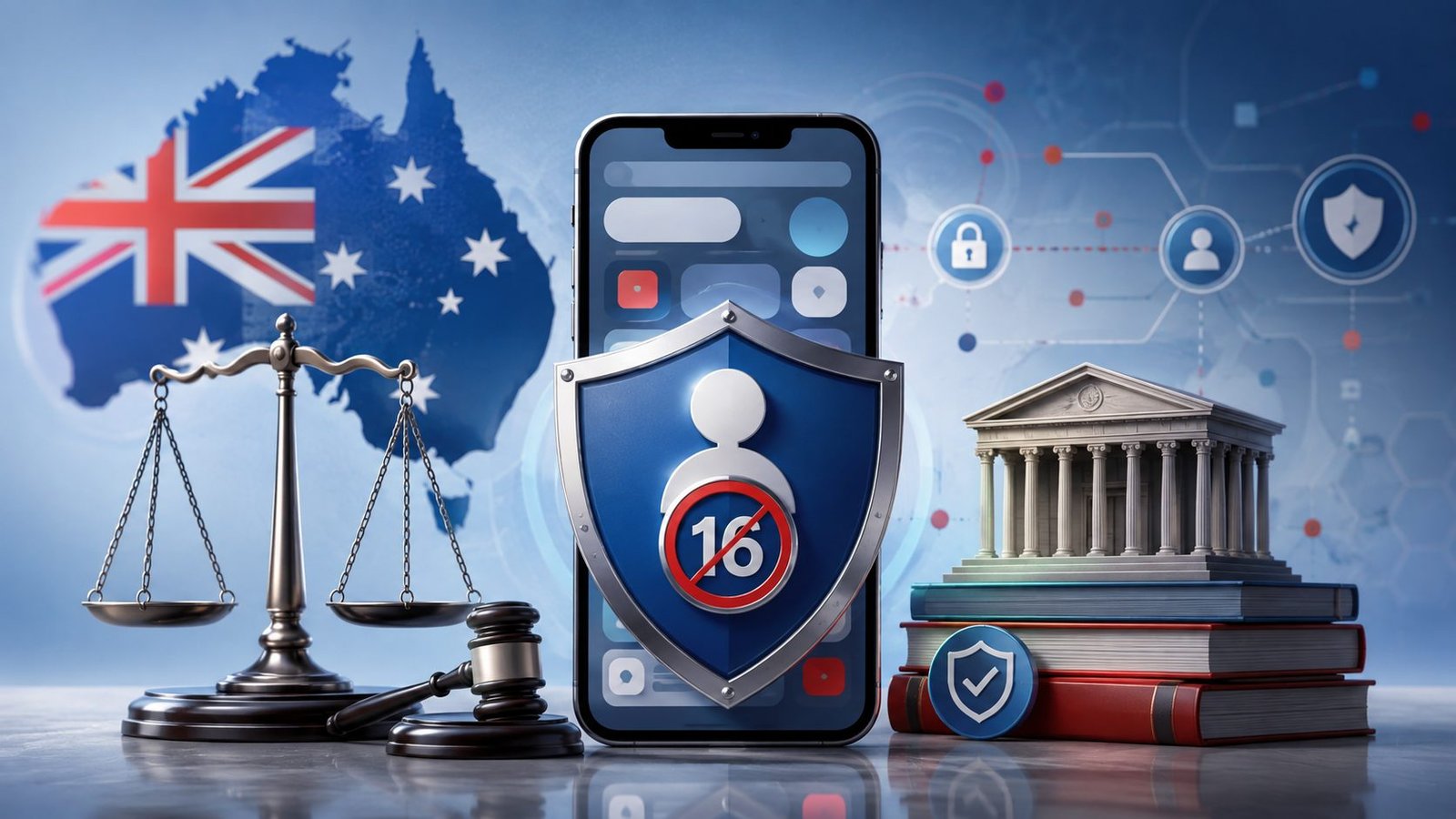 AI-generated editorial illustration of an Australian online-safety age gate protecting a generic smartphone interface