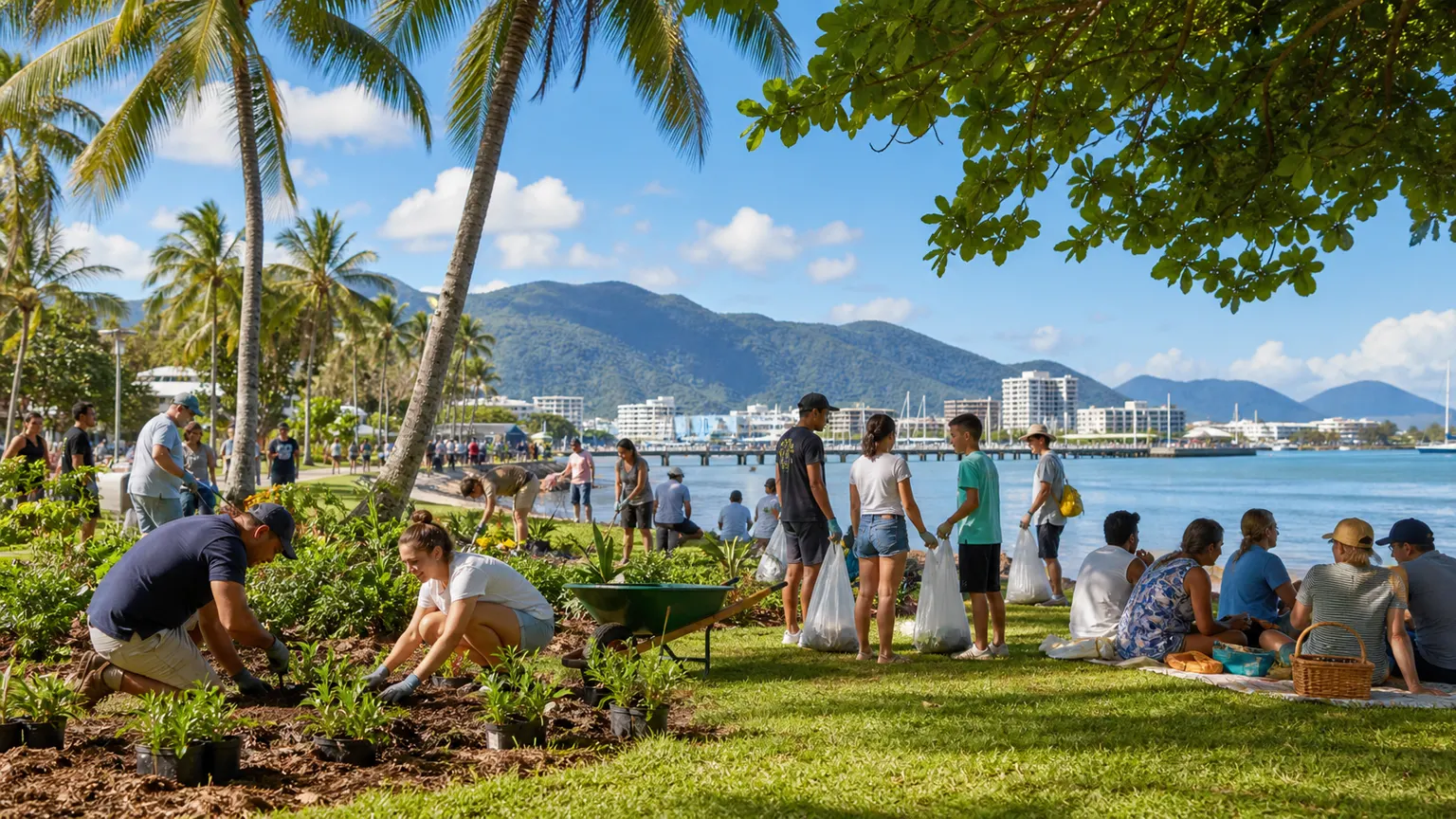 AI-generated illustration of a tropical Cairns community clean-up