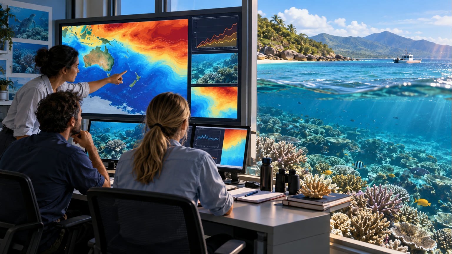 AI-generated editorial illustration of fictional marine scientists reviewing ocean heat forecasts beside a tropical coral reef