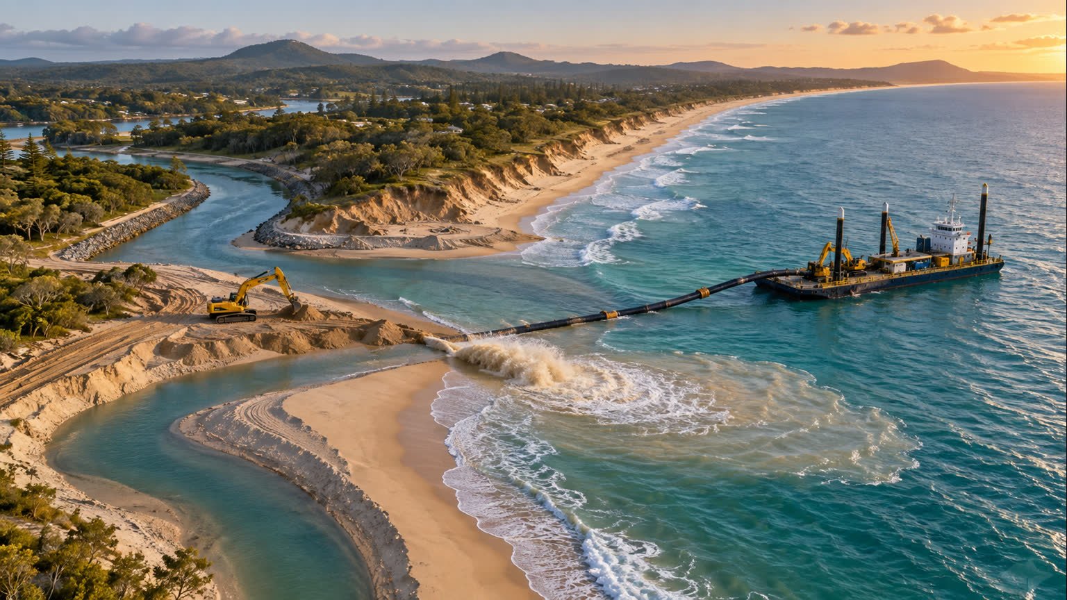 AI-generated editorial illustration of a dredge and excavator restoring an eroded subtropical Queensland beach and creek mouth