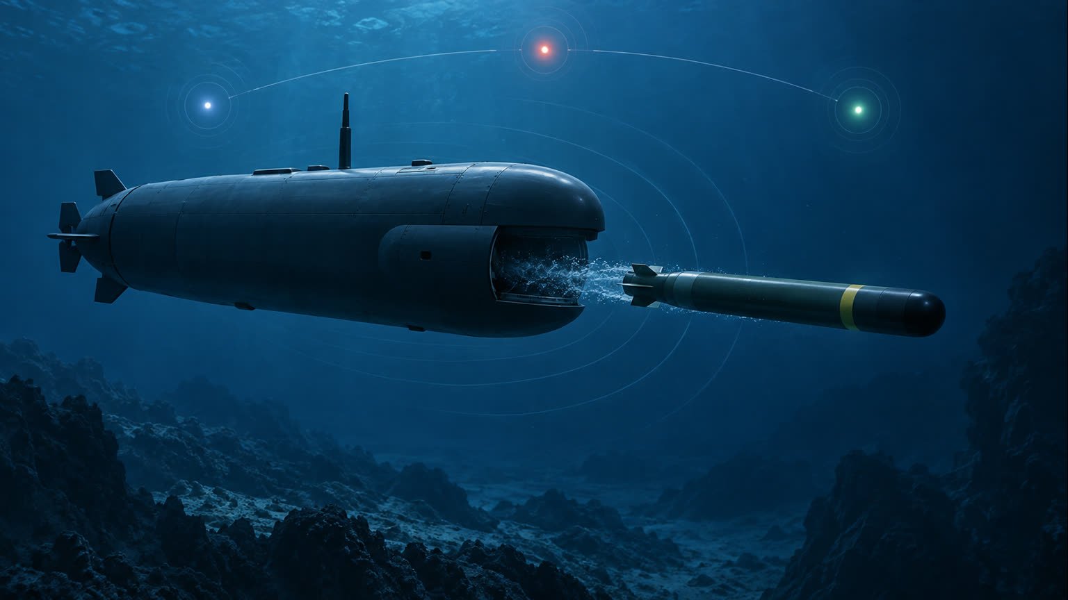 AI-generated editorial illustration of a generic uncrewed underwater vessel conducting a controlled torpedo test