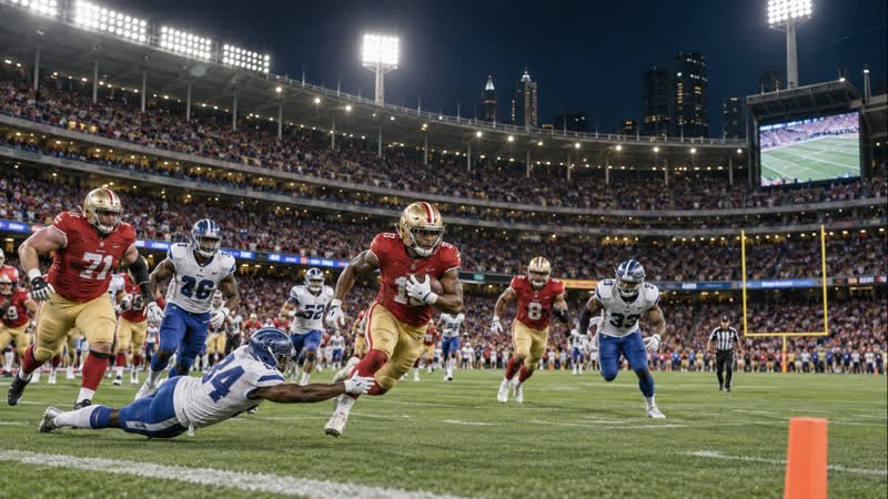 AI-generated editorial illustration of fictional American football teams playing in a packed Melbourne-style stadium