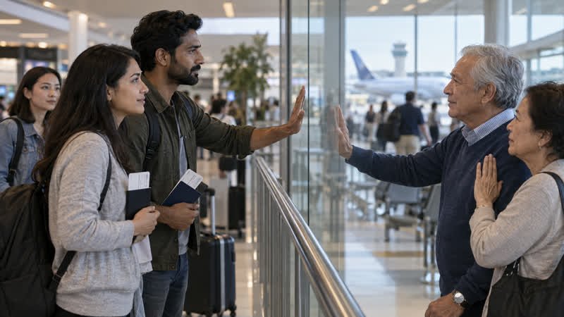 AI-generated symbolic editorial illustration of fictional family members separated at a generic airport