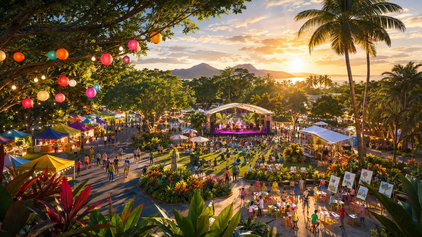 AI-generated editorial illustration of a colorful tropical Cairns festival with market stalls, live music and arts activities
