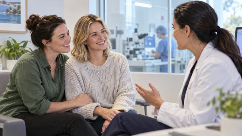 AI-generated editorial illustration of a fictional same-sex couple consulting a fertility specialist in Queensland.