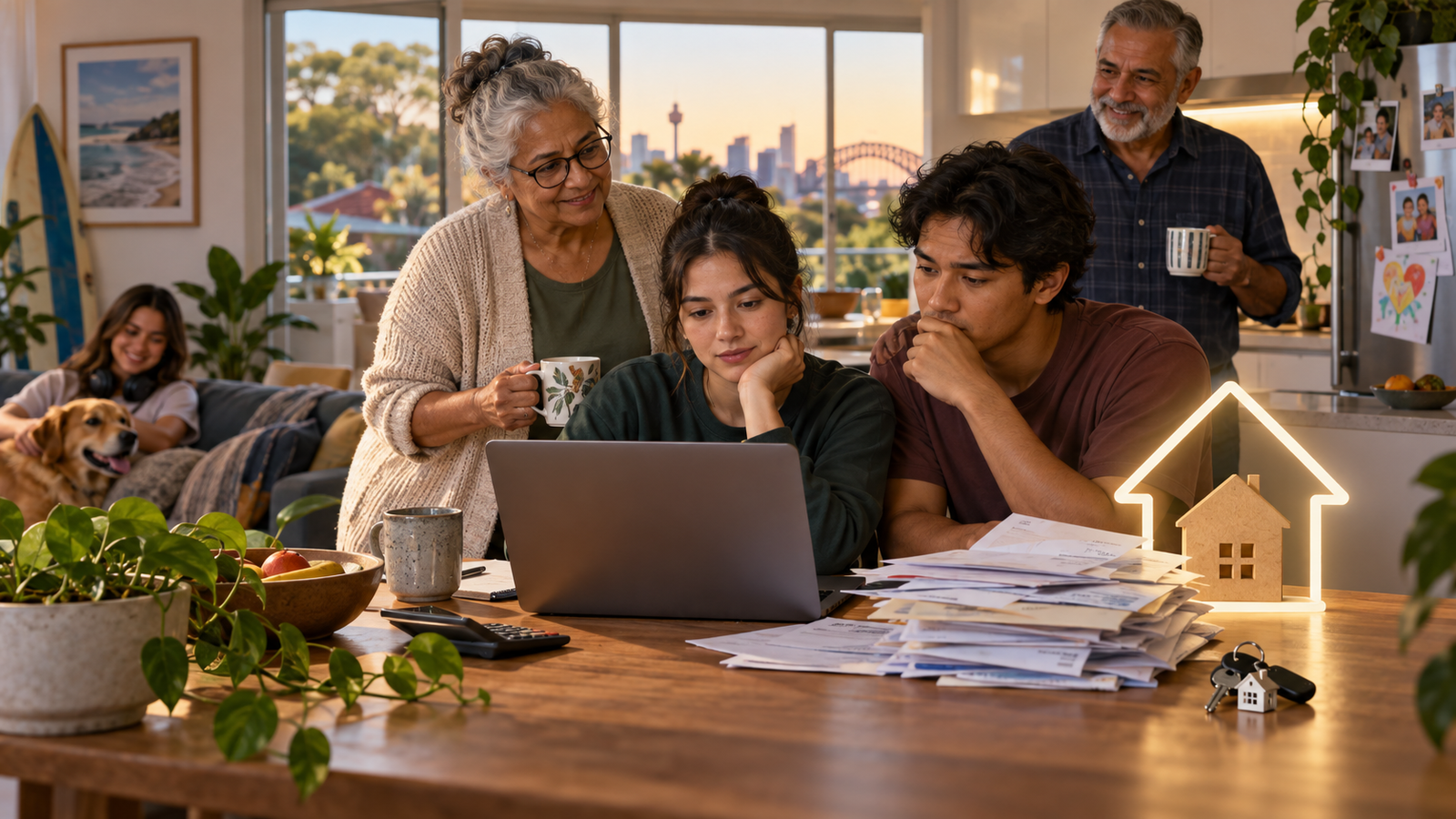 AI-generated editorial illustration of a multi-generational Australian household reviewing housing costs together