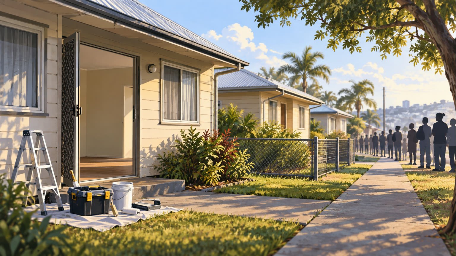AI-generated editorial illustration of an empty Queensland social-housing property undergoing maintenance while anonymous households wait nearby