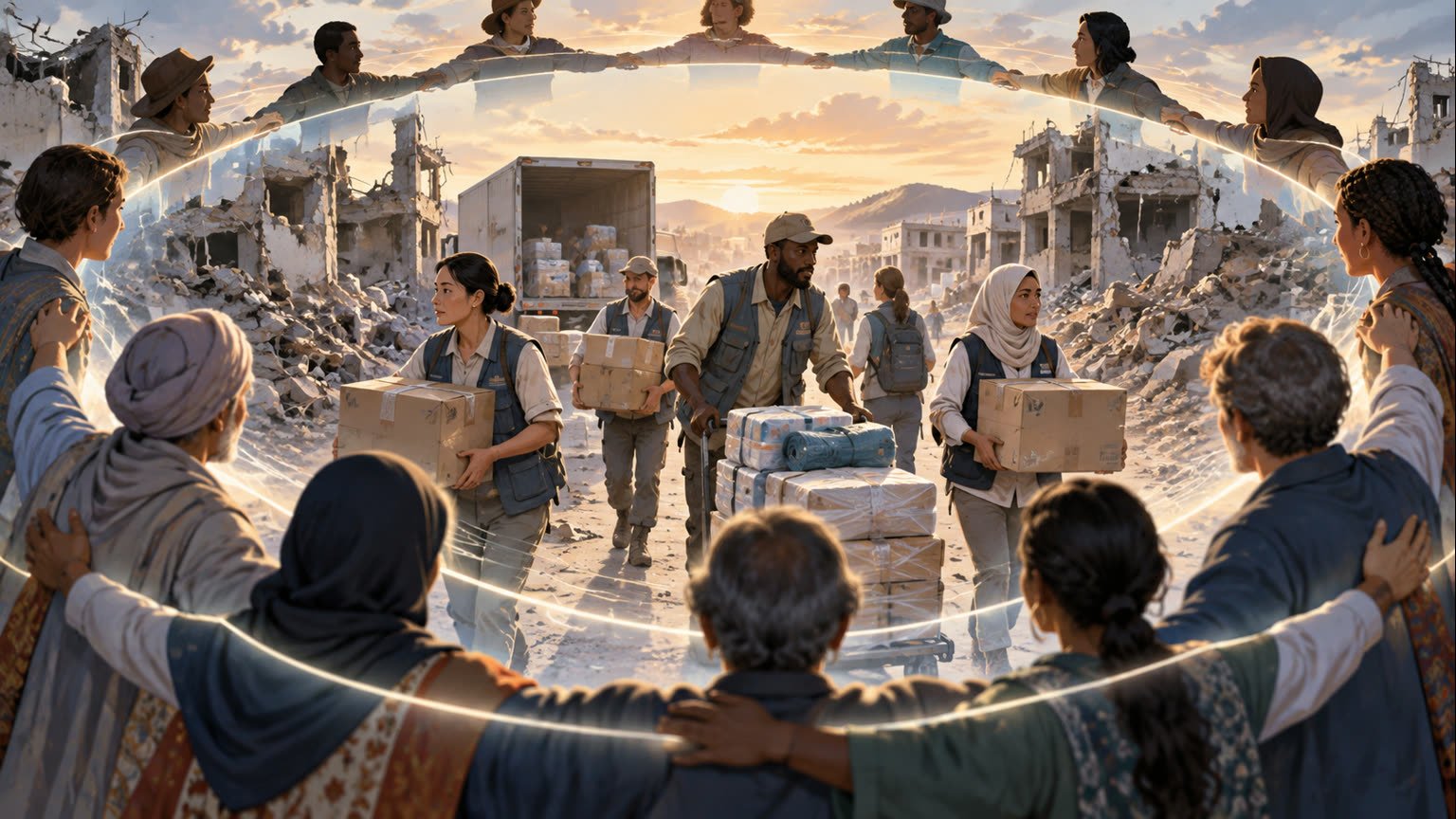 AI-generated editorial illustration of diverse humanitarian workers protected by a symbolic international ring while delivering aid in a conflict-affected city