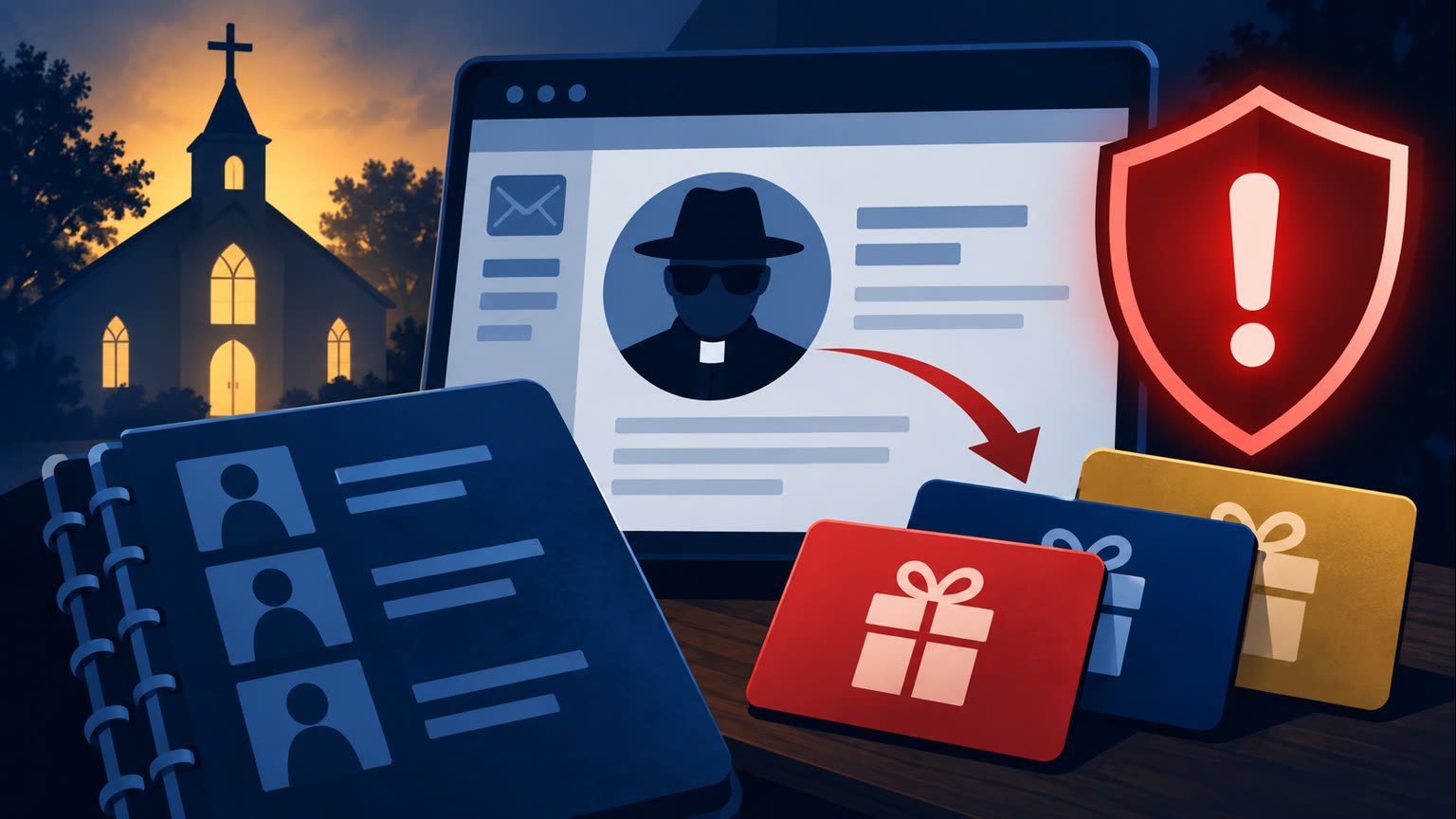 AI-generated cyber-safety illustration of a church, disguised email sender, directory and generic gift cards