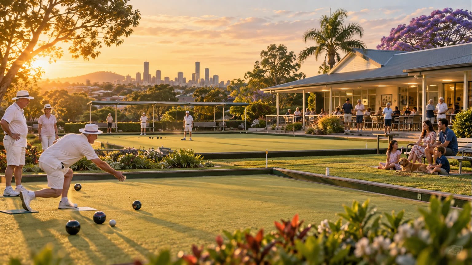 AI-generated editorial illustration of a fictional community lawn bowls club in suburban Brisbane