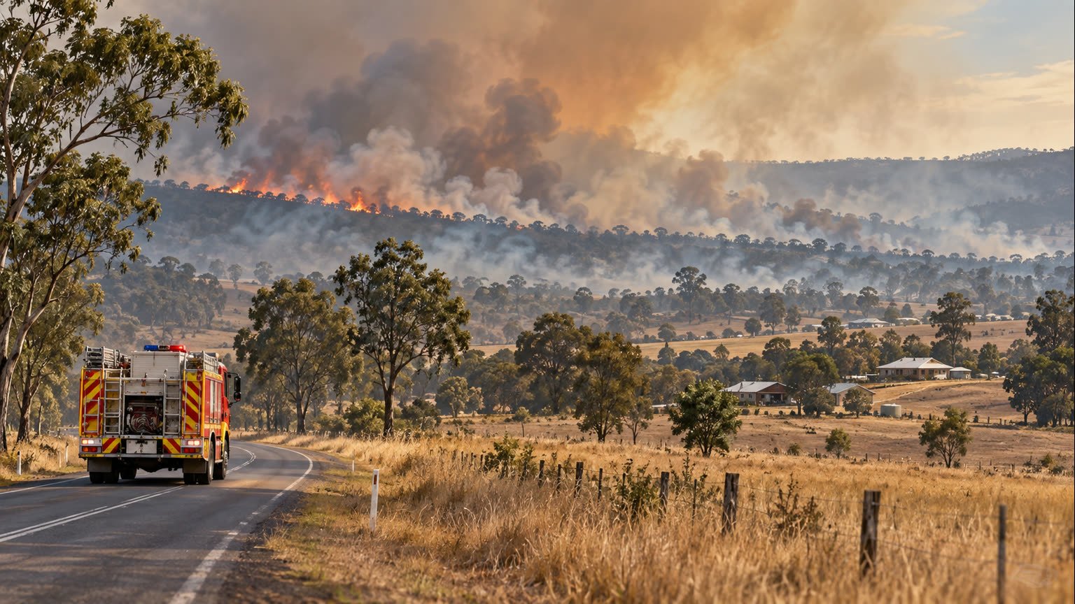 AI-generated editorial illustration of a fire appliance approaching smoke near fictional rural Queensland homes