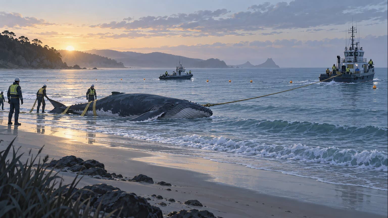 AI-generated respectful editorial illustration of fictional marine responders removing a juvenile whale from a generic beach