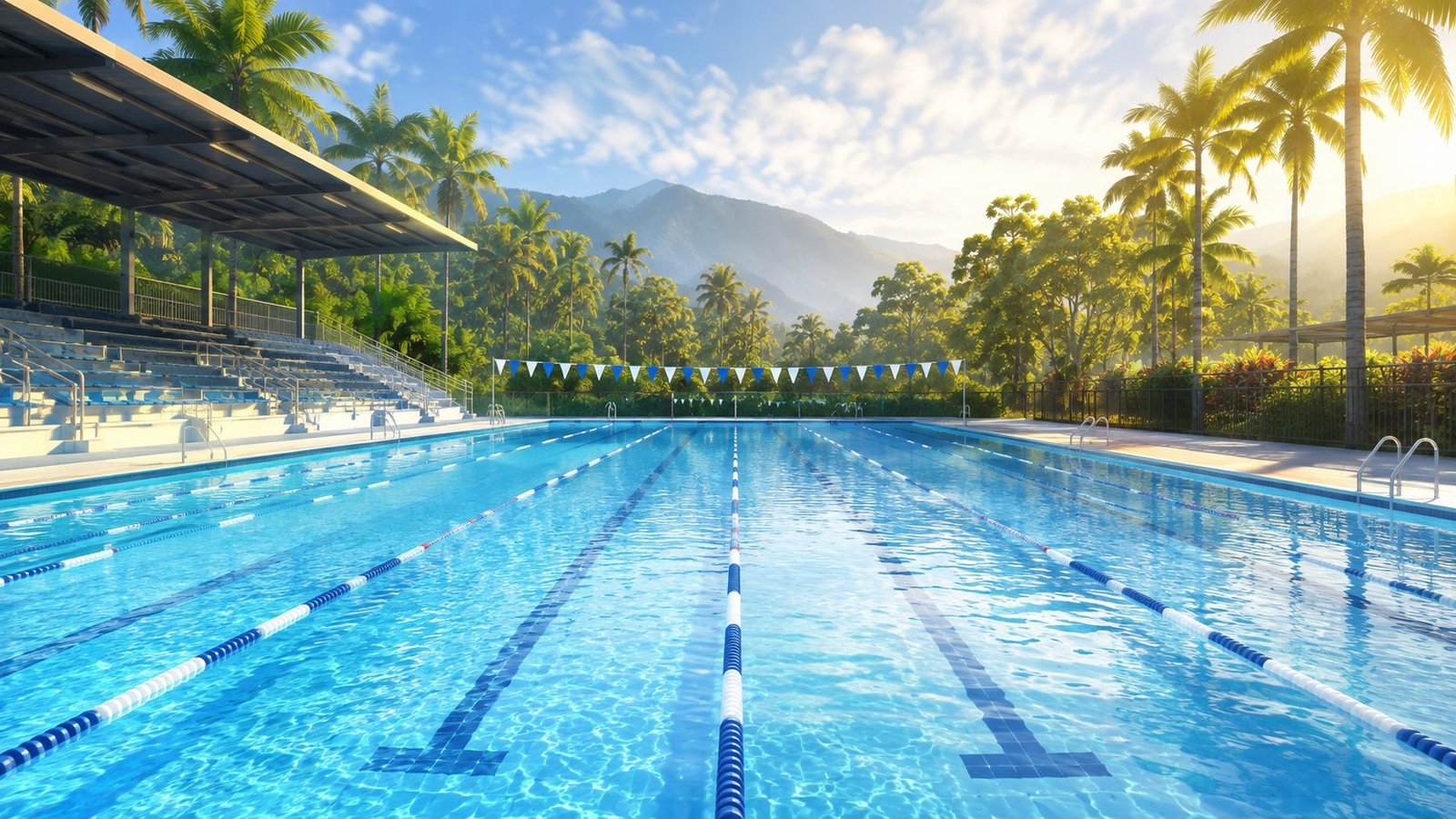 AI-generated editorial illustration of a clean tropical community swimming pool with lanes and a covered grandstand