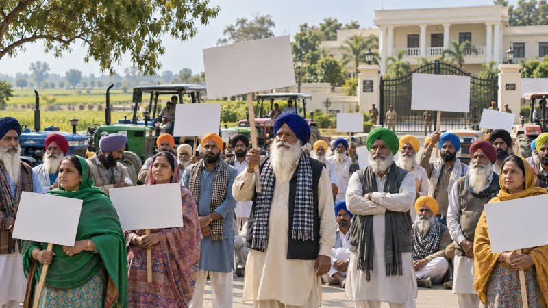 AI-generated editorial illustration of fictional Punjab farmers holding blank placards at a peaceful protest